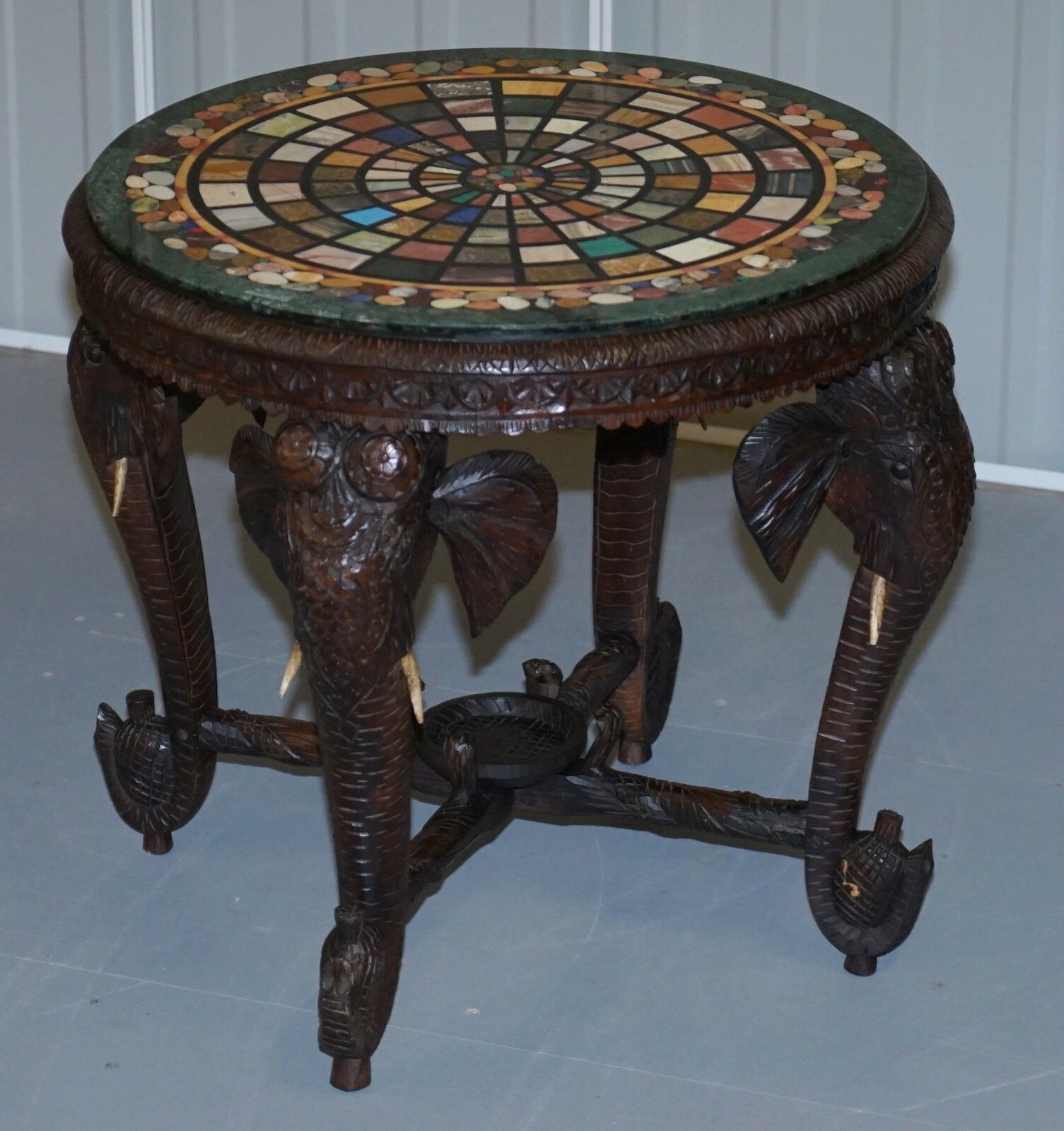 Burmese Hand Carved Elephant Occasional Table Pietra Dura Specimen Marble Top photo furniture