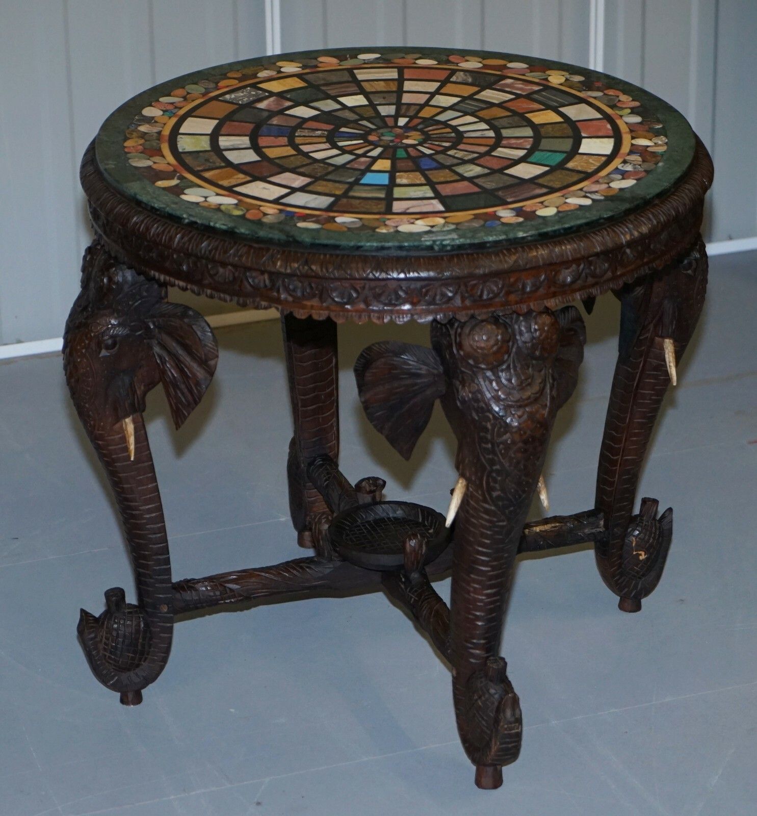 Burmese Hand Carved Elephant Occasional Table Pietra Dura Specimen Marble Top photo for sale