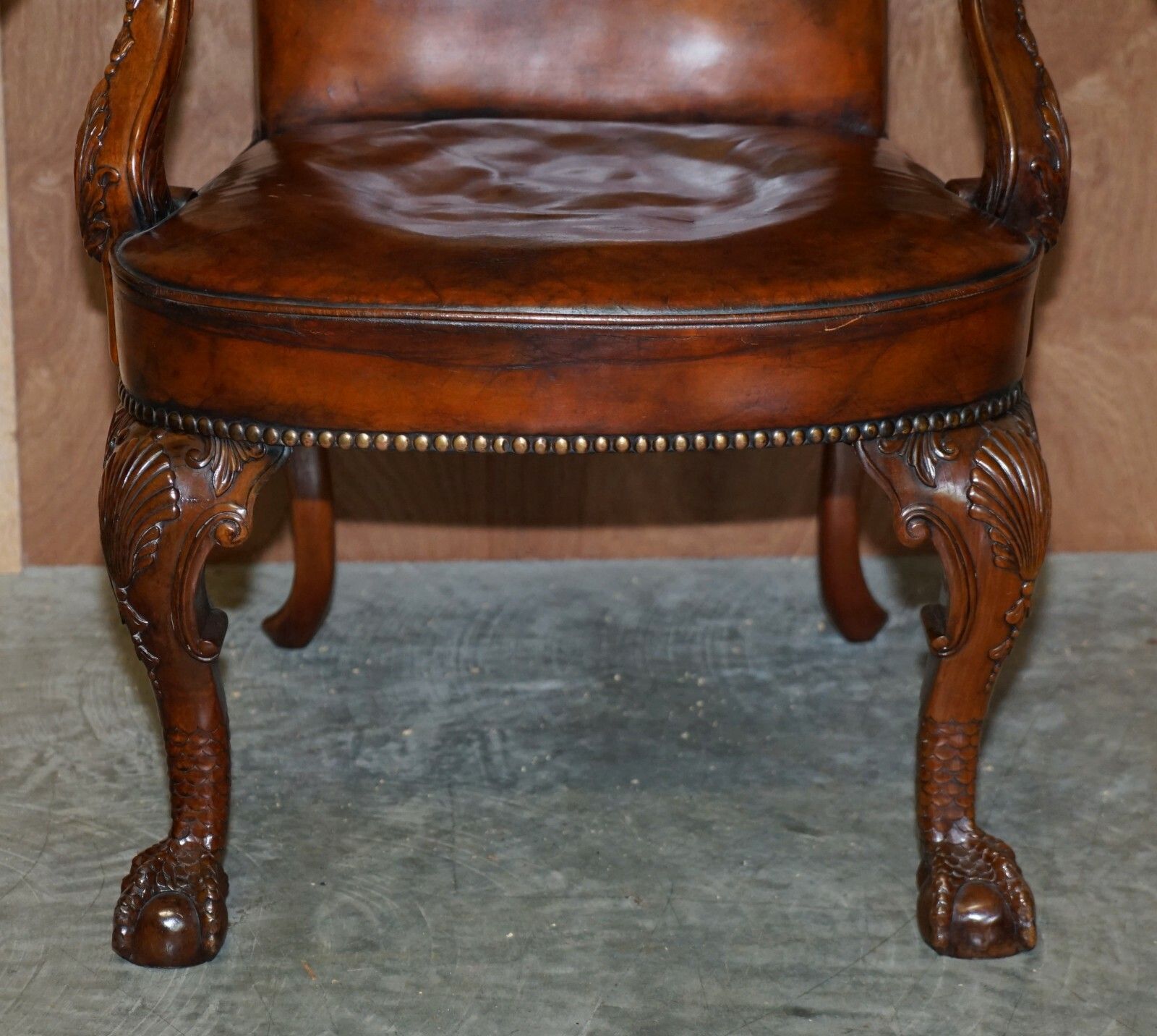 Fully Restored Vintage Eagle Armed Claw & Ball Feet Brown Leather Armchair photo vinterior