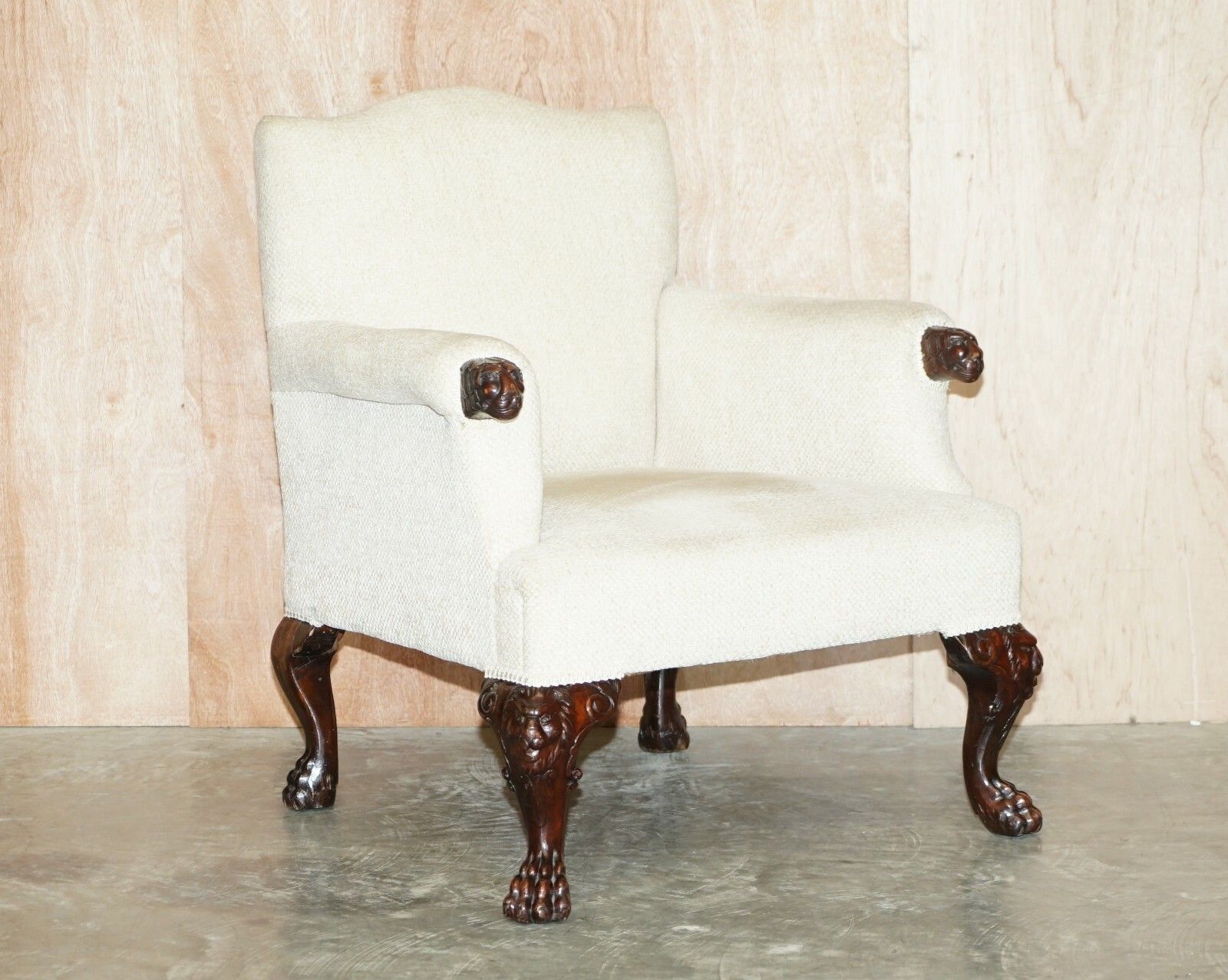 Lovely Antique Ornately Hand Carved Lion's Hairy Paw Leg Club Library Armchair photo furniture