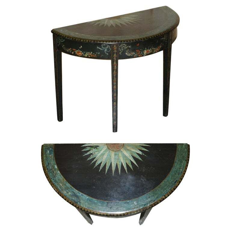 Fine 18th Century Circa 1760 Hand Polychrome Painted Demi Lune Console Table