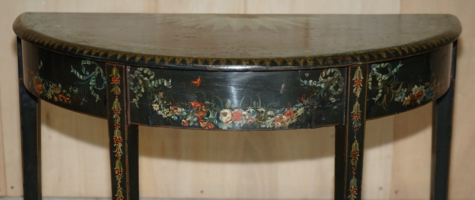 Fine 18th Century Circa 1760 Hand Polychrome Painted Demi Lune Console Table photo vinterior