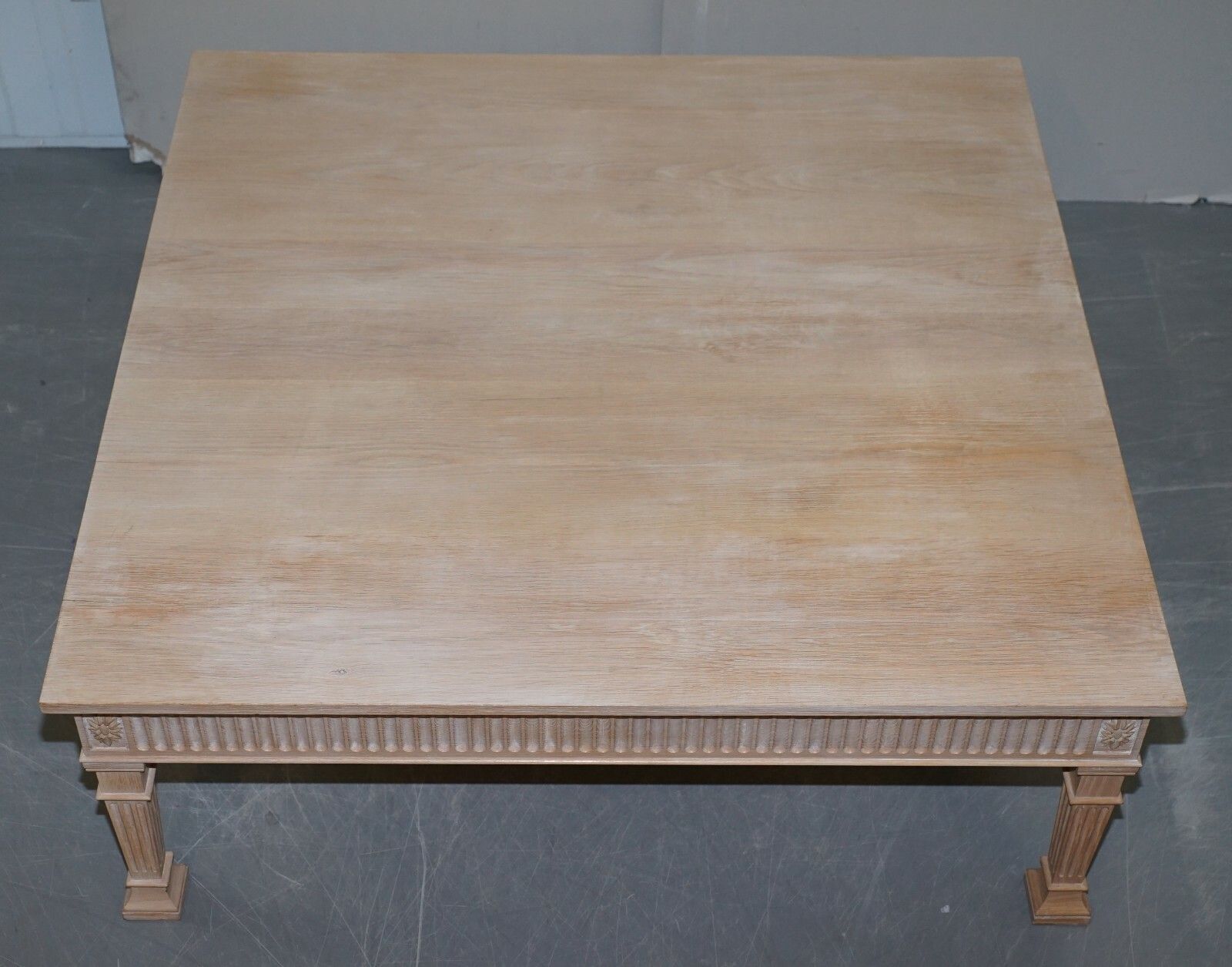 Very Large Limed Oak Coffee Of Cocktail Table 123.5cm Wide Carved Pillared Legs photo for sale
