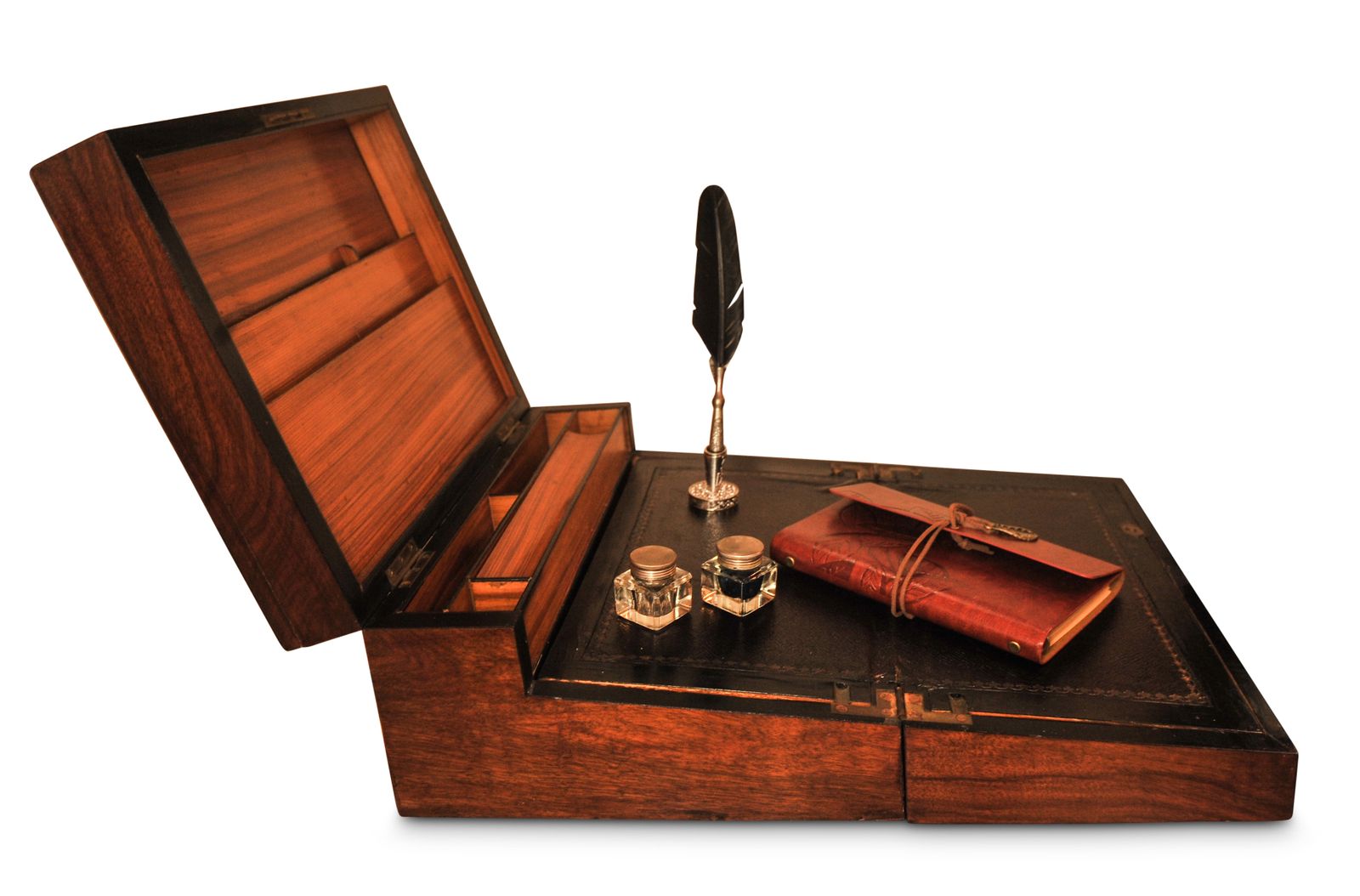 Elegant 19th Century Victorian Flame Mahogany Decorative Inlaid Writing Slope With Black Ebonised Accents With A Tooled Leather Interior photo vintage