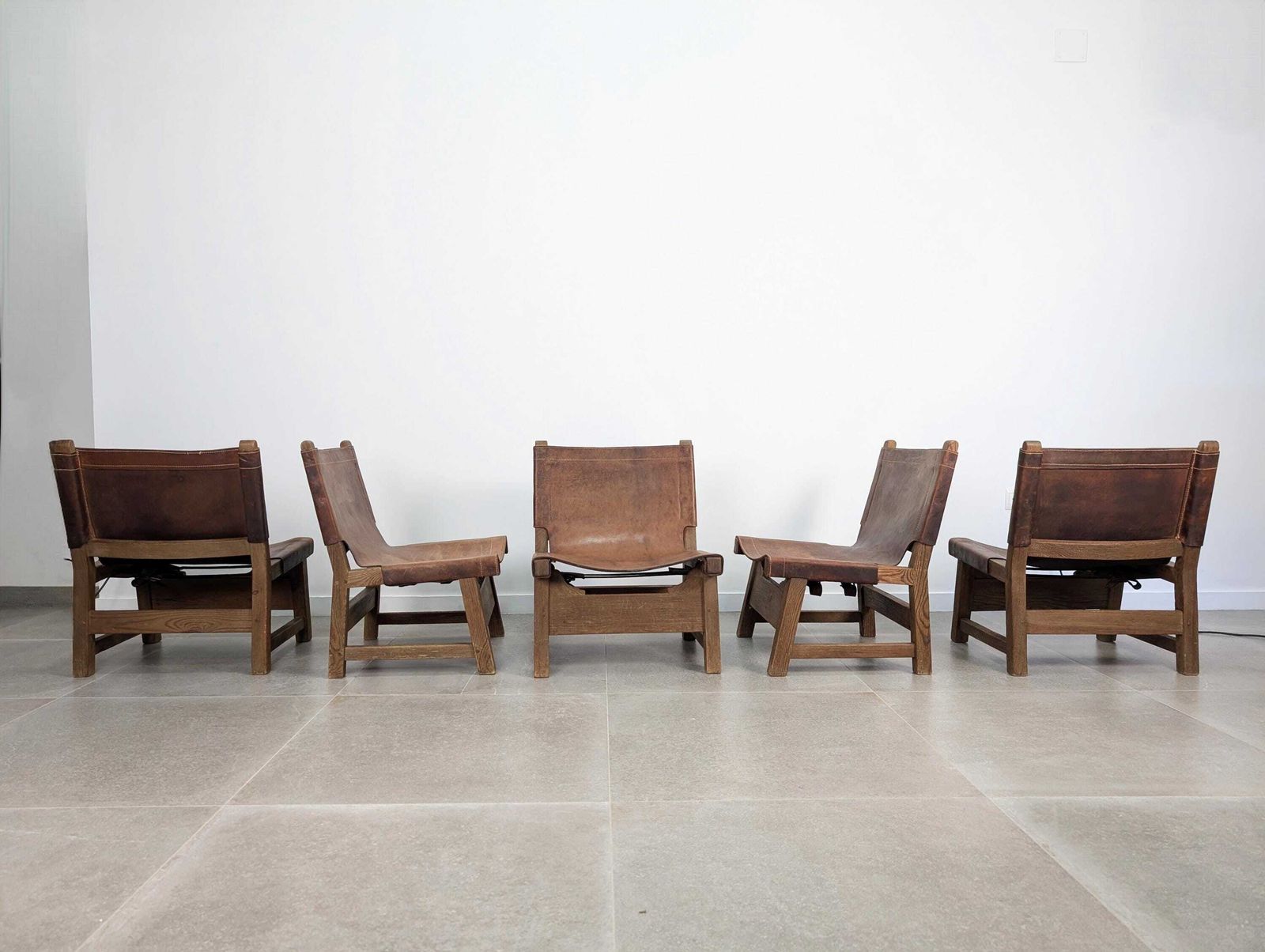 Set Of 5 Spanish Leather And Oak Chairs, Paco Muñoz Style, 1960s photo furniture