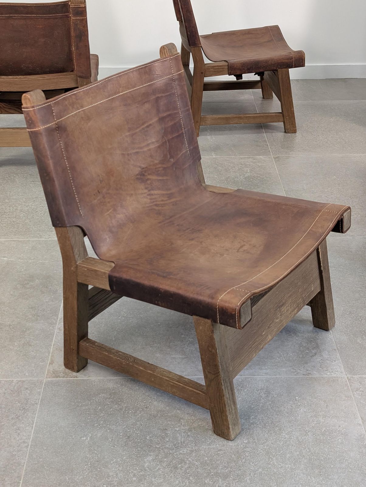 Set Of 5 Spanish Leather And Oak Chairs, Paco Muñoz Style, 1960s photo buy
