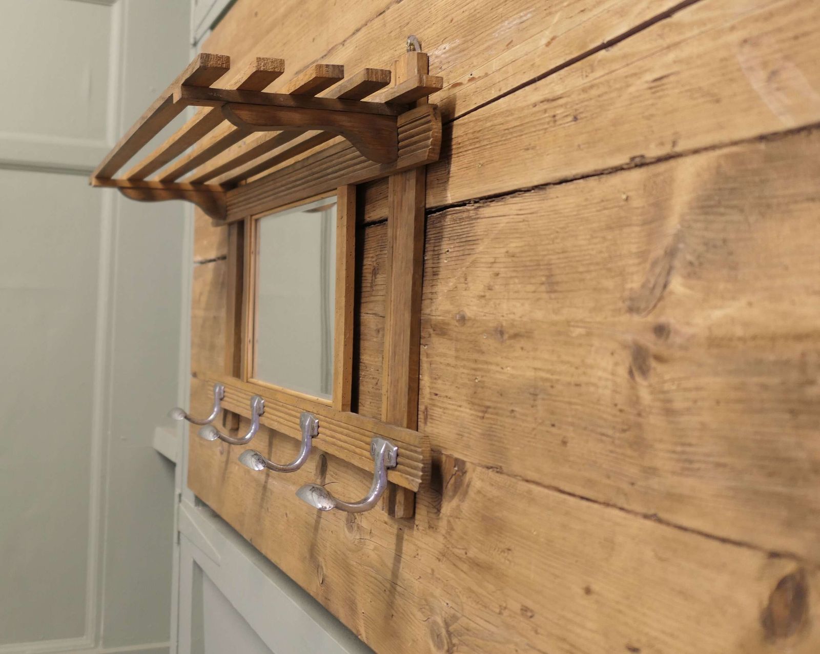 Arts And Crafts French Pine Wall Mirror With Shelf And Coat Hooks photo for sale