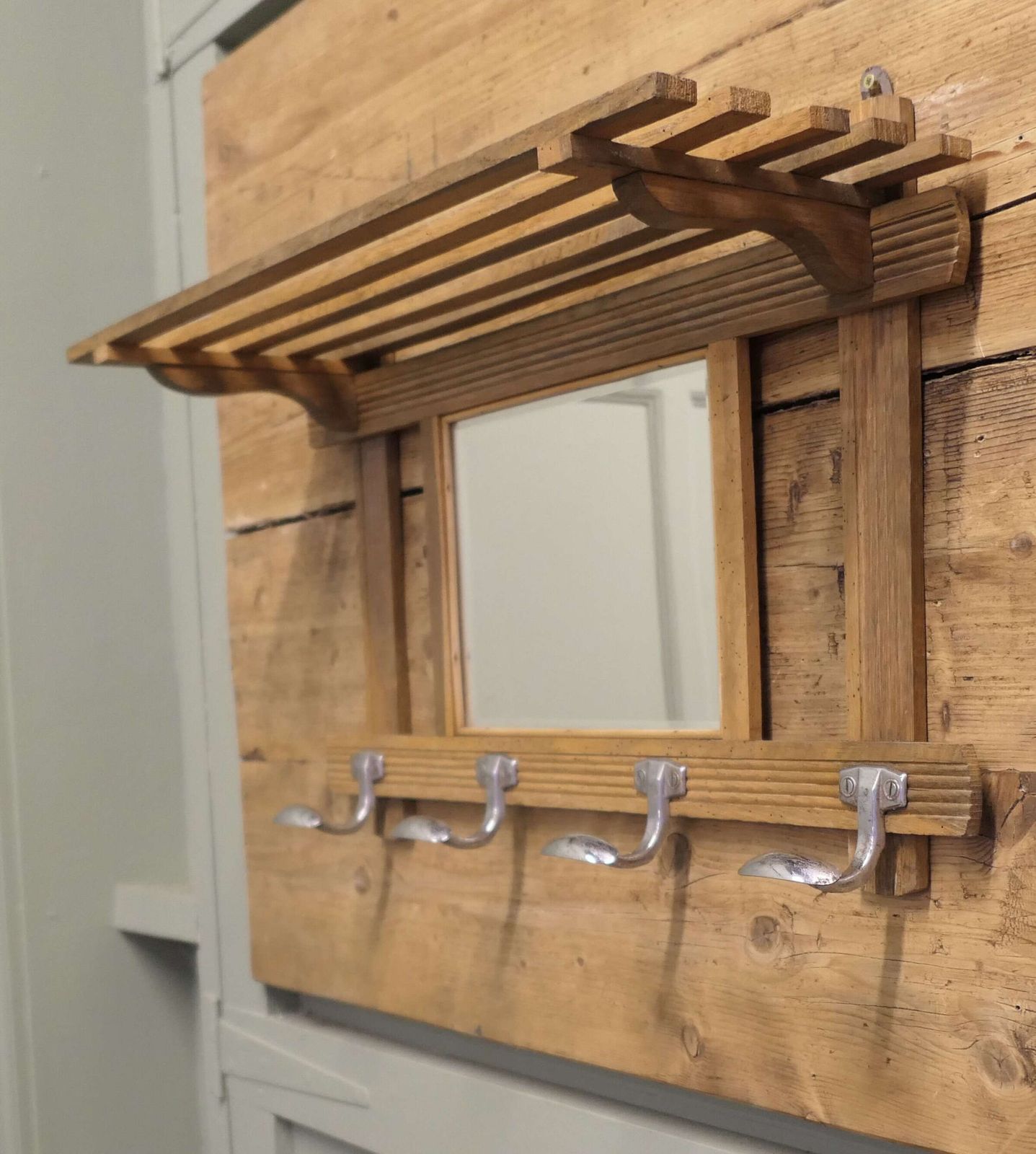 Arts And Crafts French Pine Wall Mirror With Shelf And Coat Hooks photo Home Decor