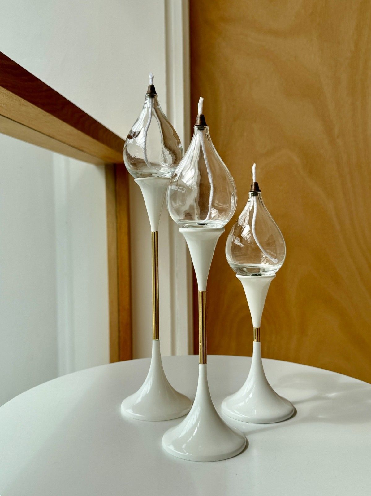 Rare 1970s Space Age Clear Drops Trio By Freddie Andersen In White & Gold, Boxed photo Home Decor