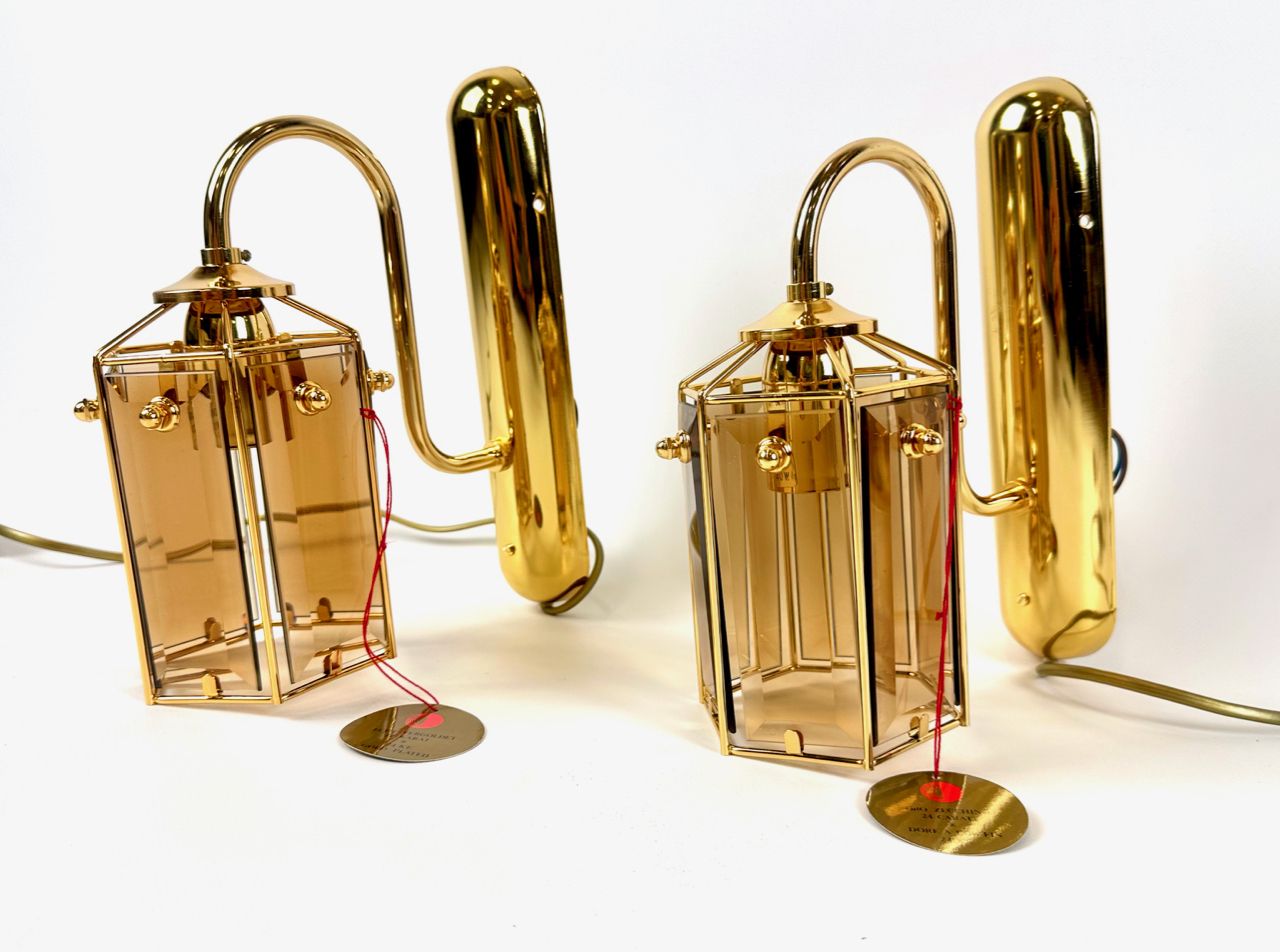 Gold Plated Smoked Glass Wall Lamps Model 1720 1 From Sego Armatur As, Sweden, 1970s, Set Of 2