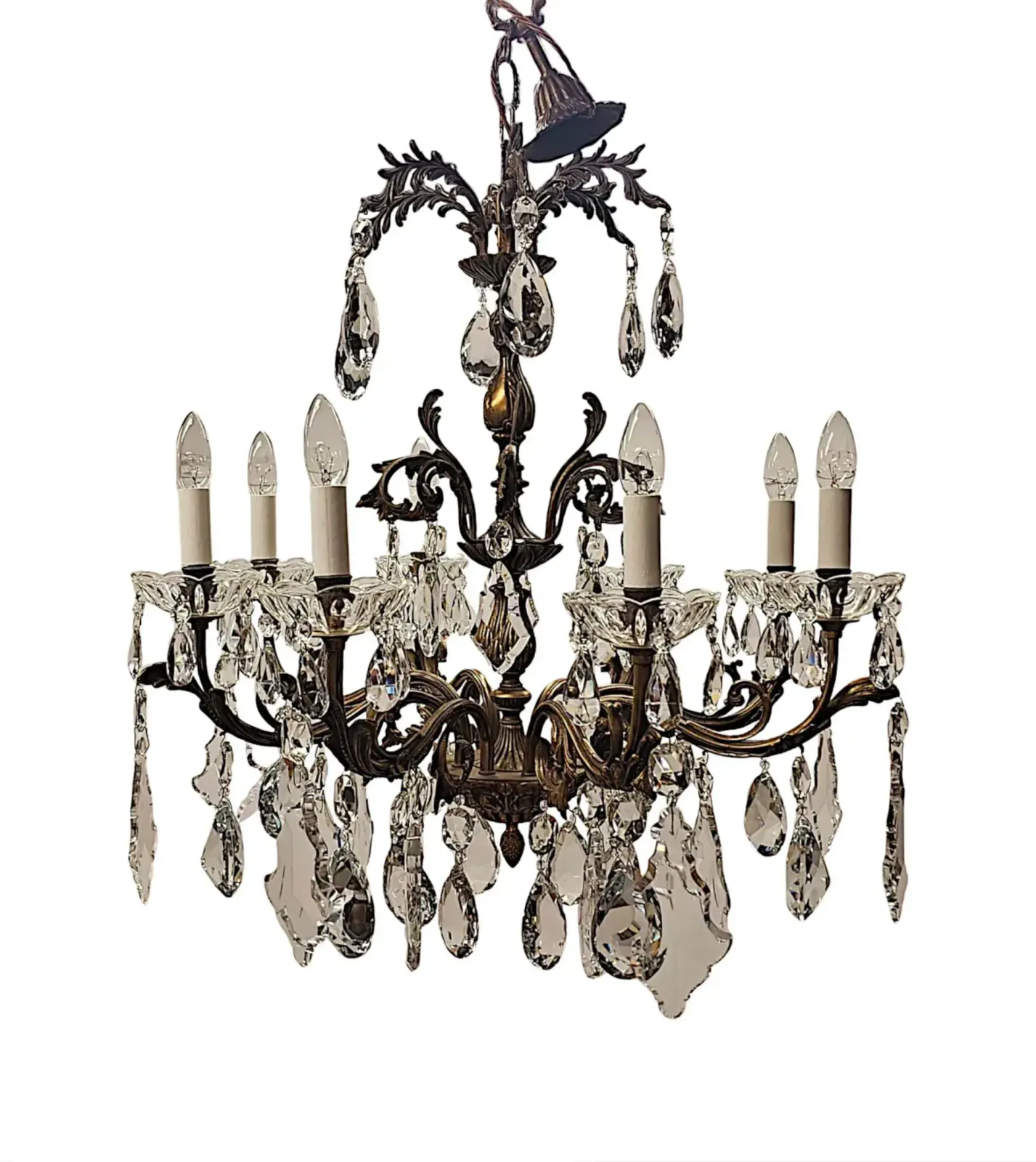 A Stunning Early 20th Century Italian Gilt Bronze And Crystal Eight Branch Rewired Chandelier