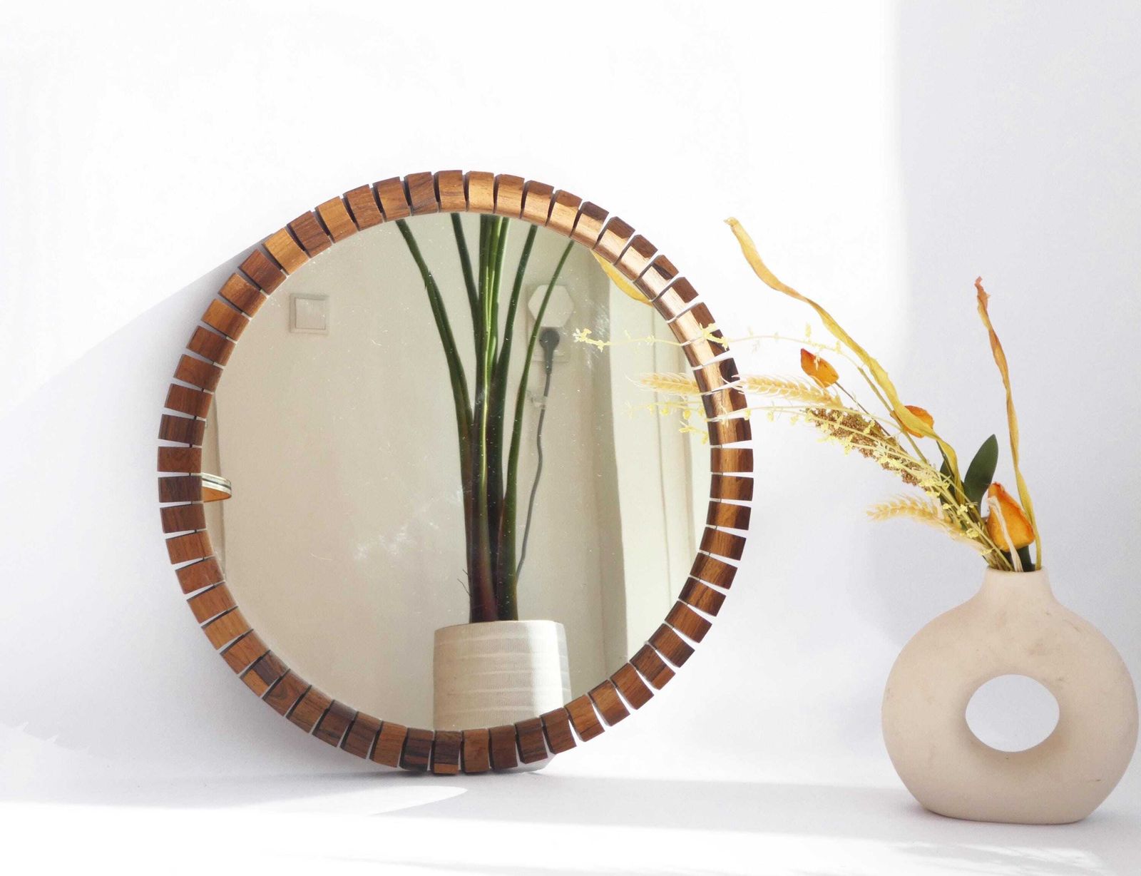 Mid Century Danish Teak & Rosewood Wall Mirror, Wooden Scandinavian Round Mirror With Geometrical Shaped Frame