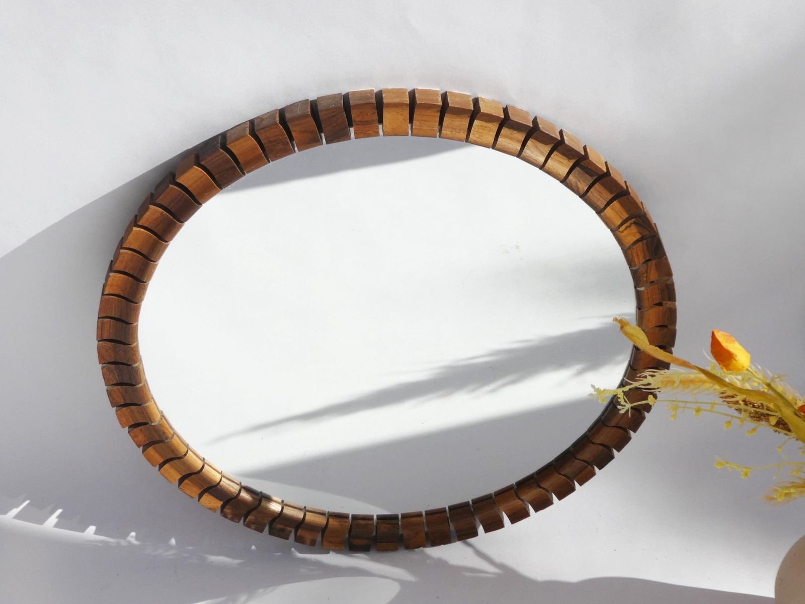 Mid Century Danish Teak & Rosewood Wall Mirror, Wooden Scandinavian Round Mirror With Geometrical Shaped Frame photo furniture