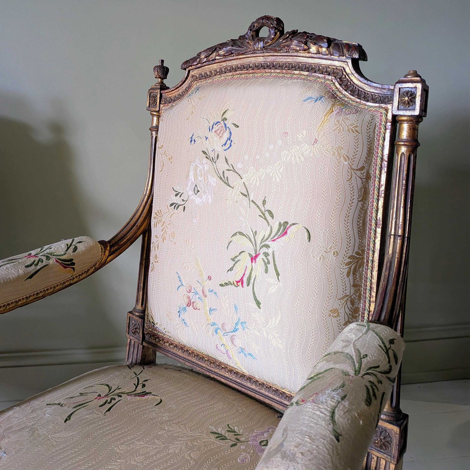 photo for sale A Pair Of Antique French Carved Armchairs Or Fauteuil In Original Paint And Gilt C1900