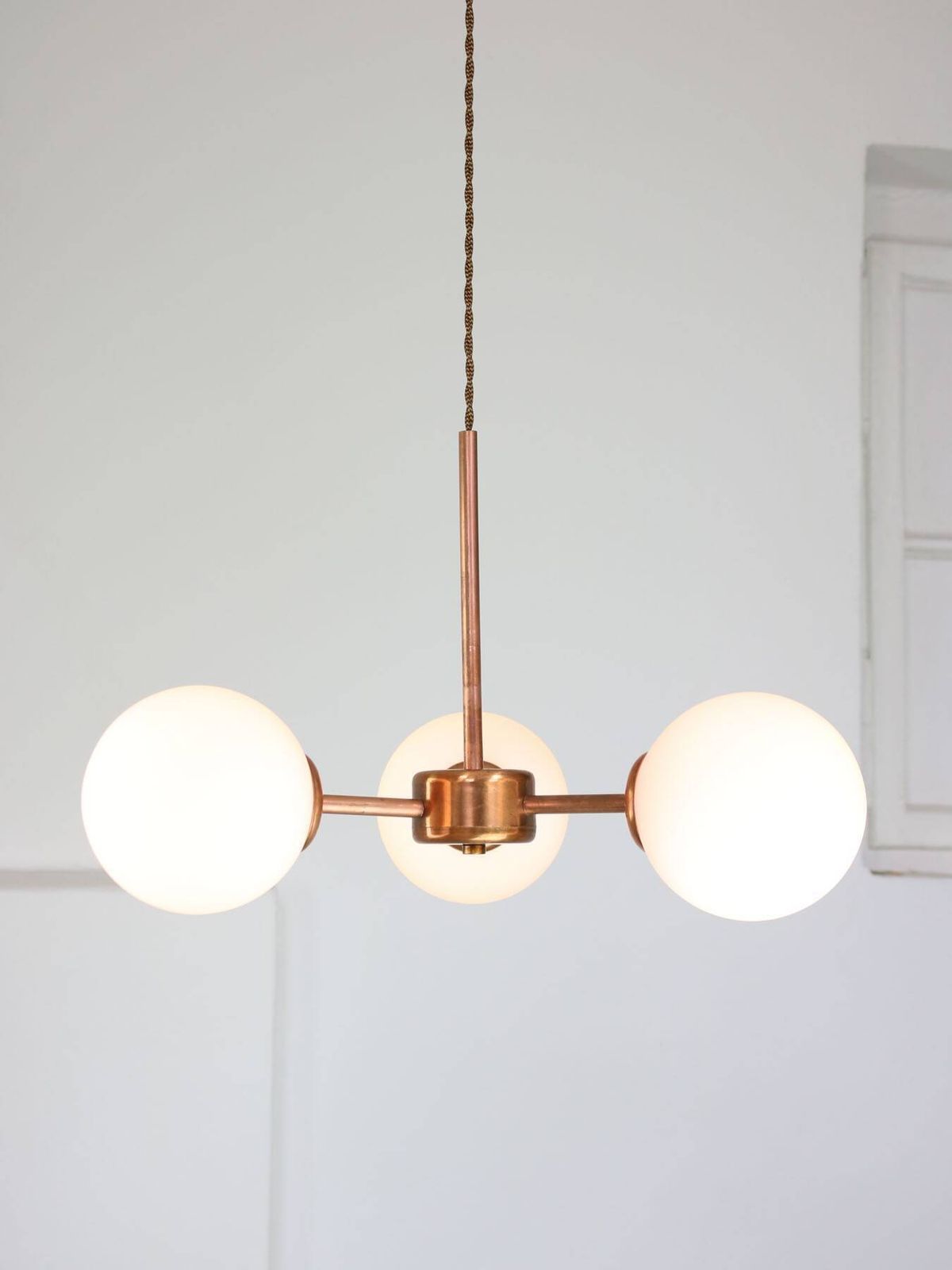 Lighting Mid Century Modern Italian Chandelier In Copper And Opaline Glass, 1960s photo