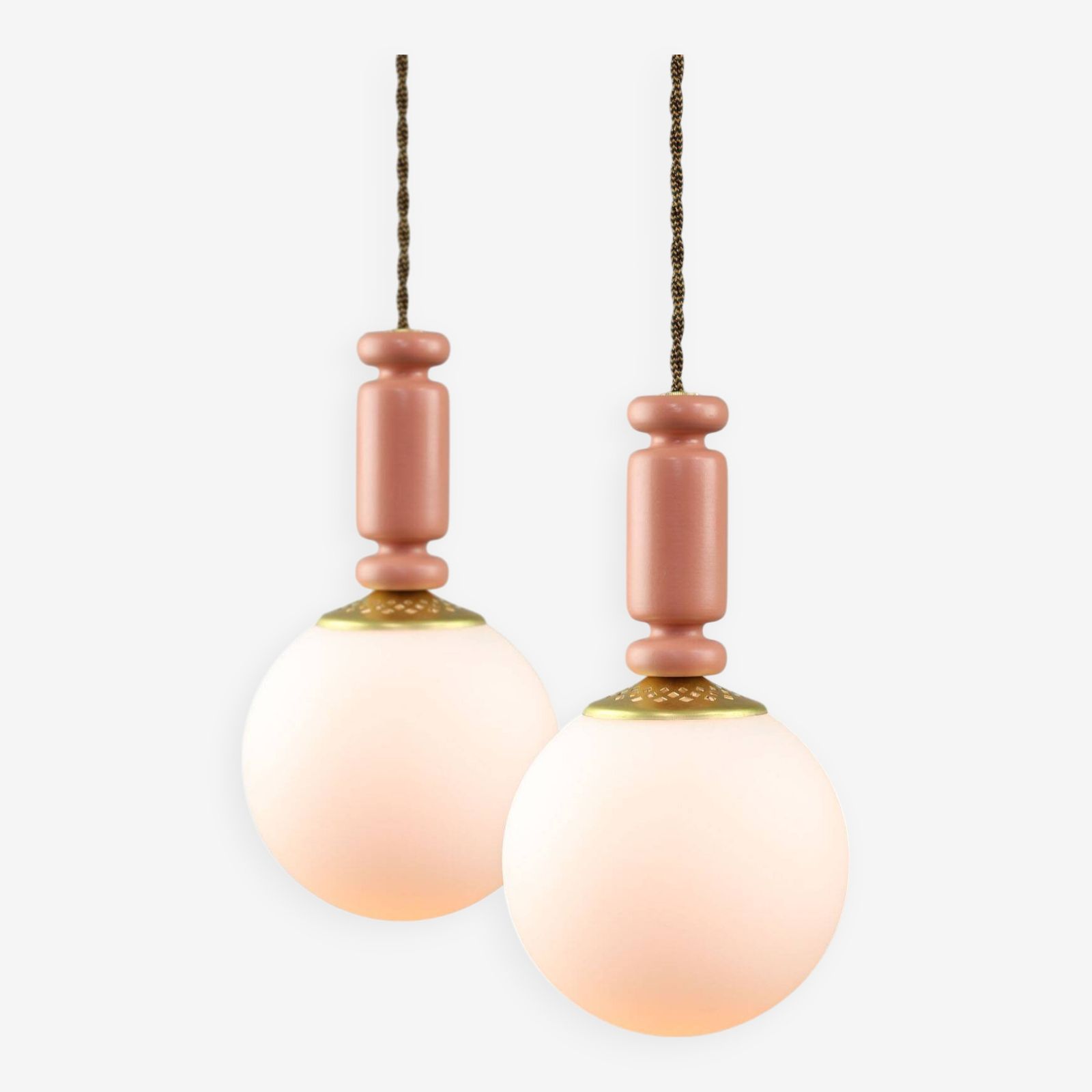 Mid Century Italian Brass & Opaline Glass Pendant Lamps, Set Of 2