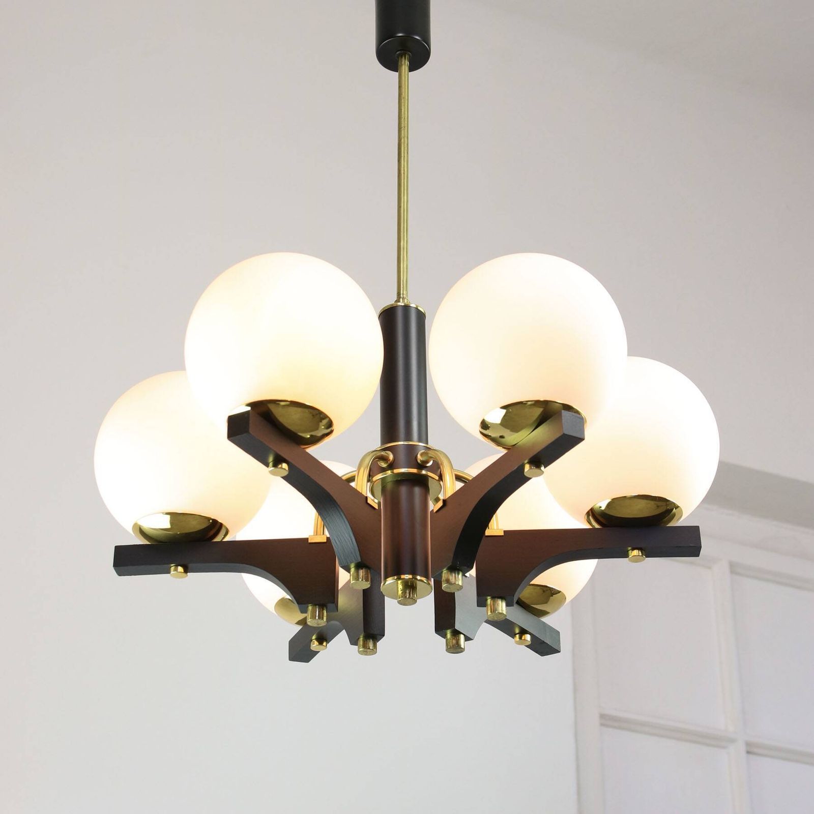 Mid Century Modern Italian Brass And Opaline Chandelier photo furniture