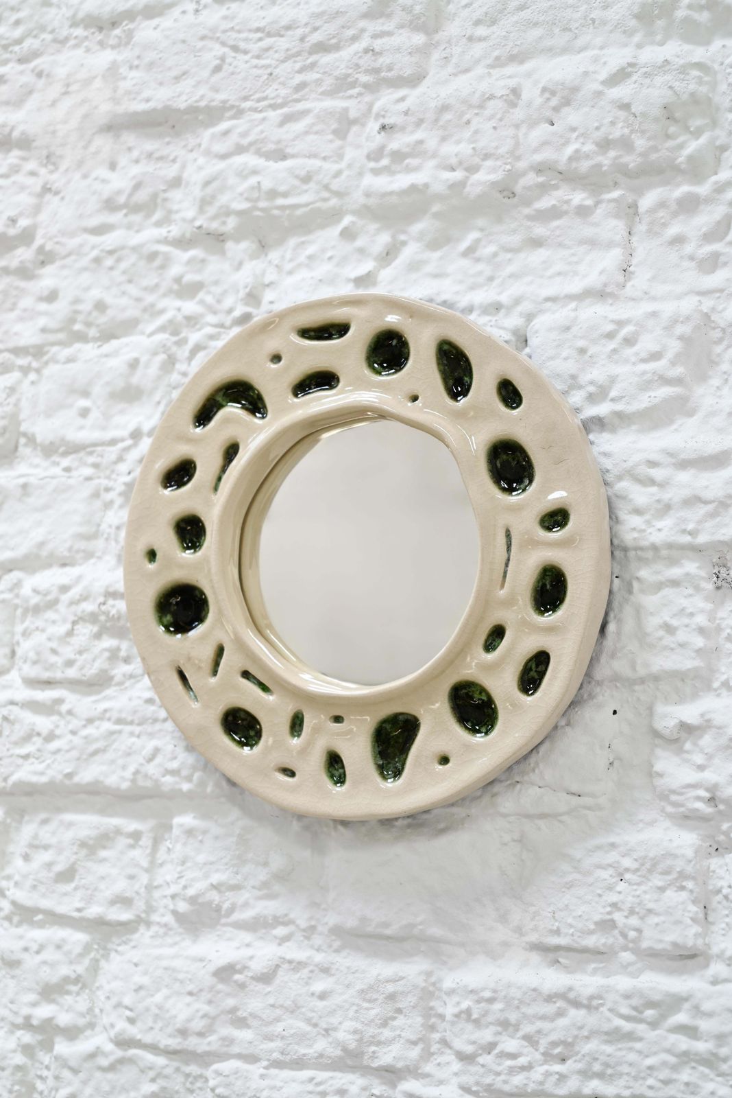 1950s Cream & Moss Green Organic Ceramic French Mirror photo furniture