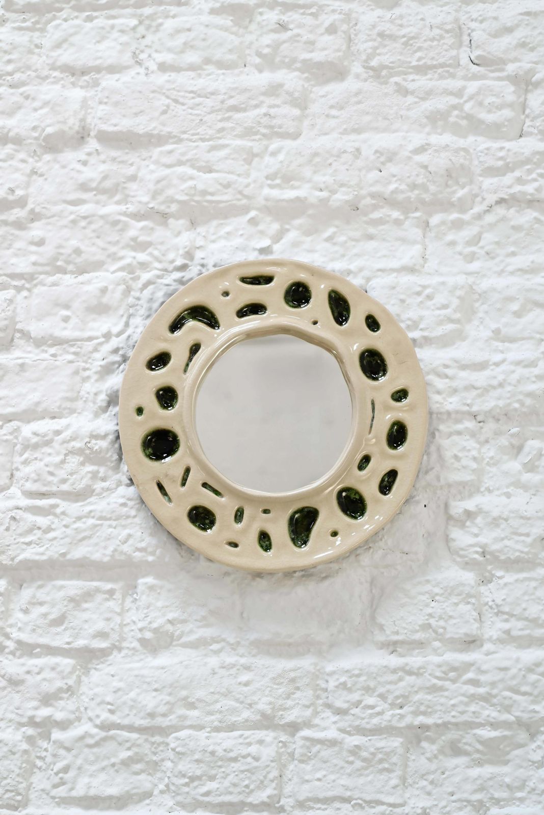 1950s Cream & Moss Green Organic Ceramic French Mirror photo 649.0