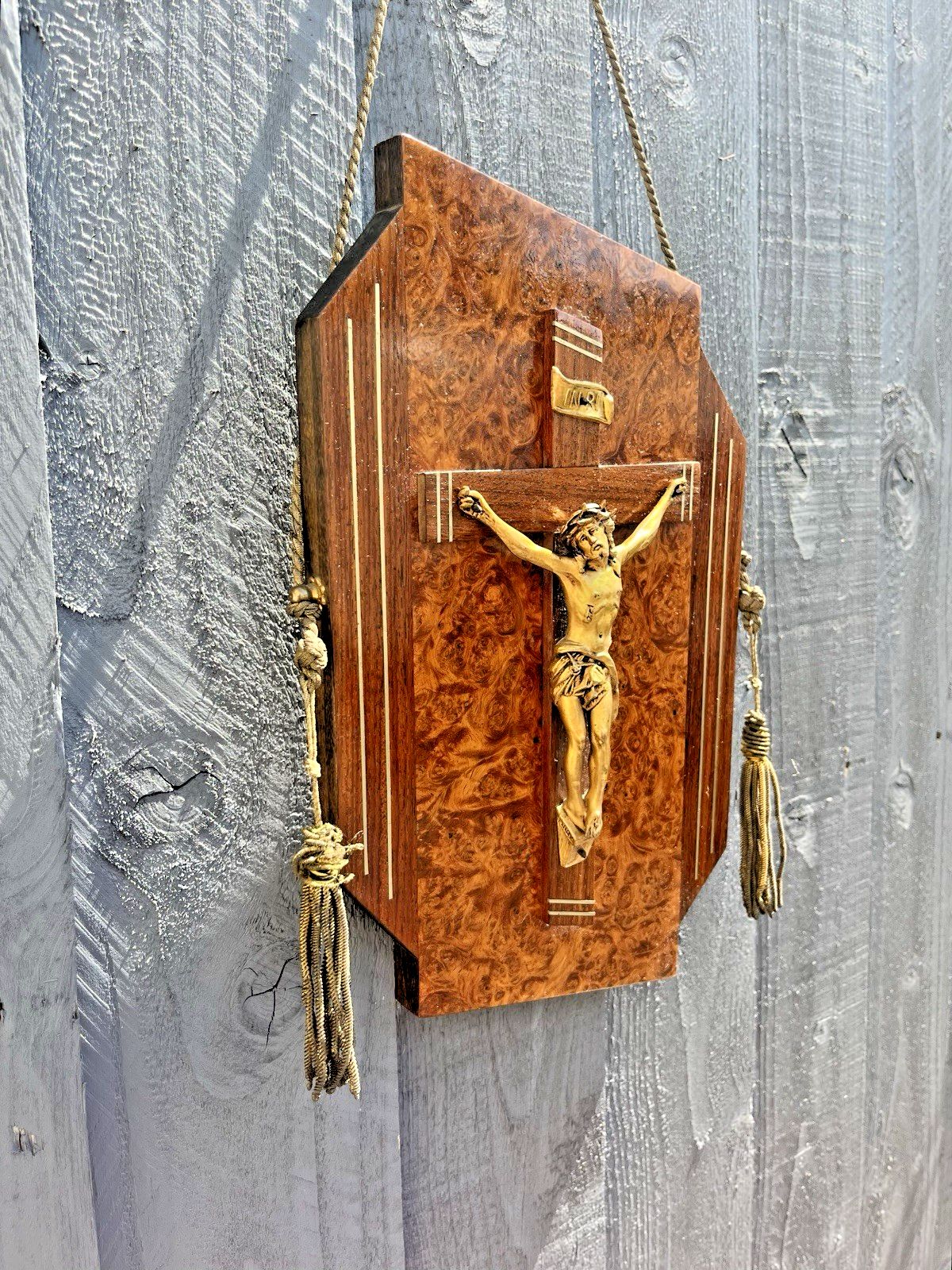 French Art Deco Gilt Brass Burr Walnut Wall Hanging Crucifix Church Cross Jesus photo for sale