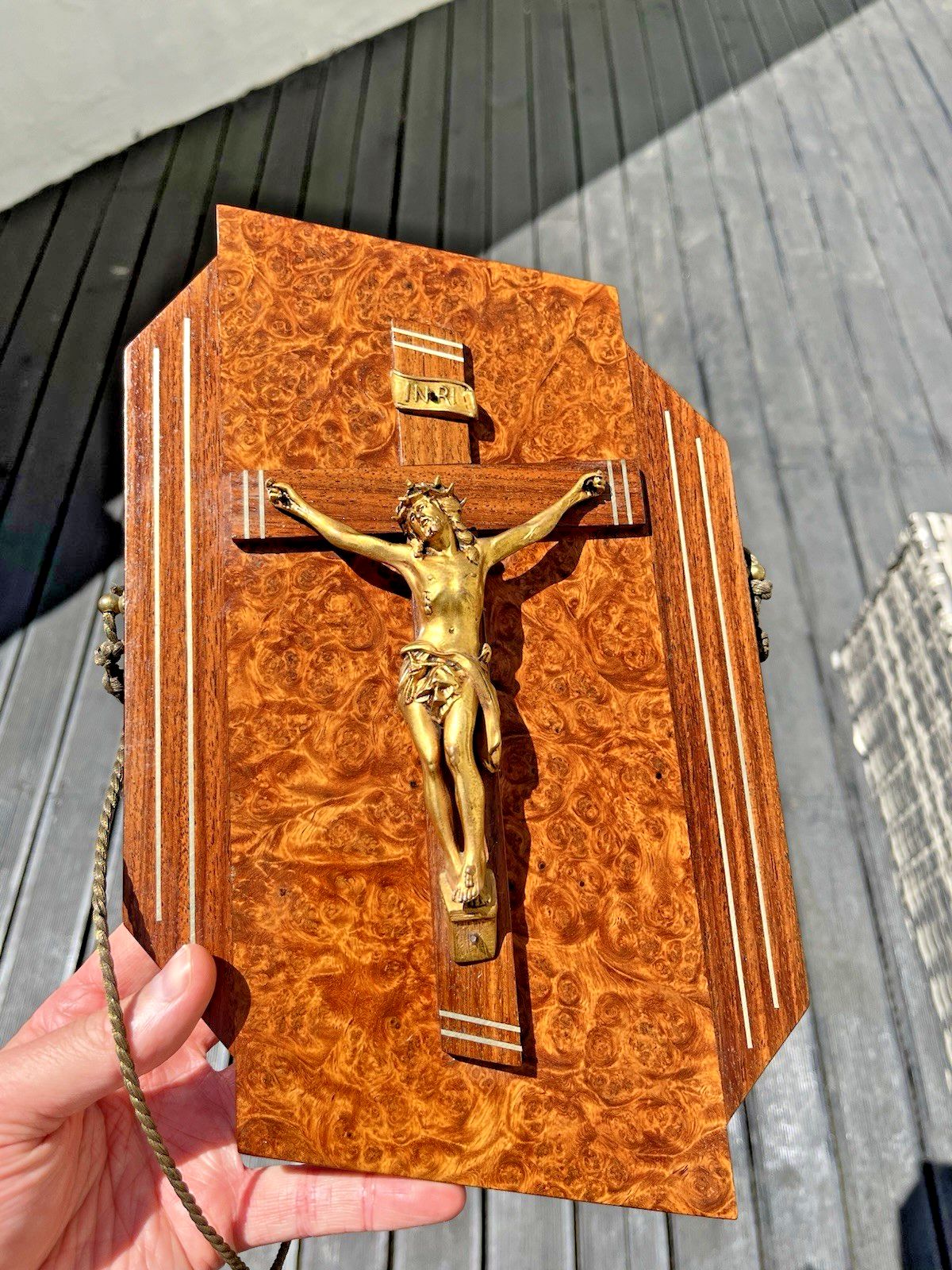 French Art Deco Gilt Brass Burr Walnut Wall Hanging Crucifix Church Cross Jesus photo buy