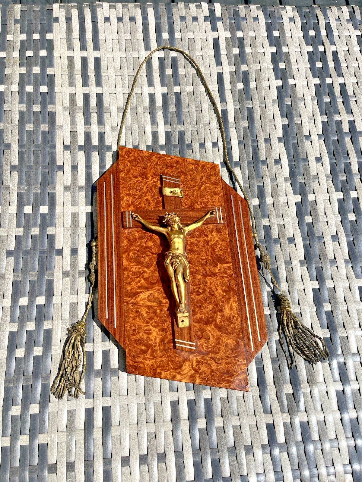 French Art Deco Gilt Brass Burr Walnut Wall Hanging Crucifix Church Cross Jesus photo vintage