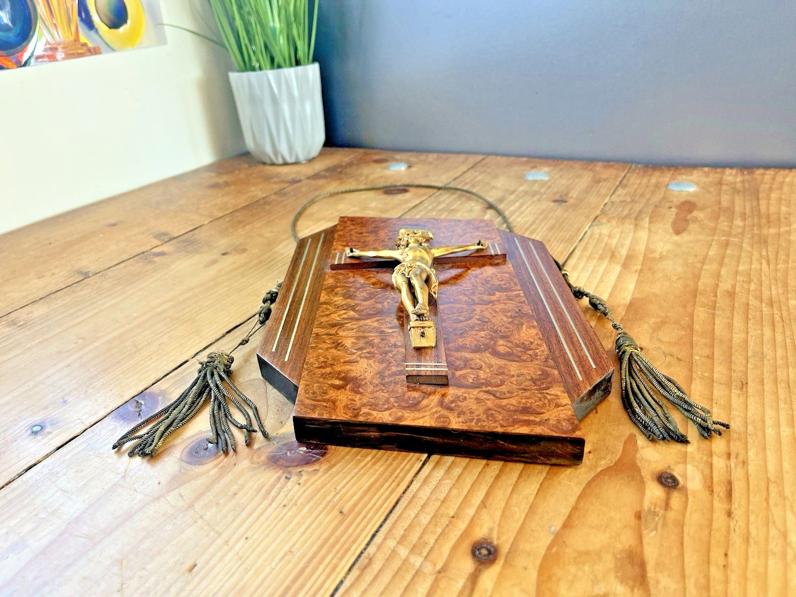 Art French Art Deco Gilt Brass Burr Walnut Wall Hanging Crucifix Church Cross Jesus photo