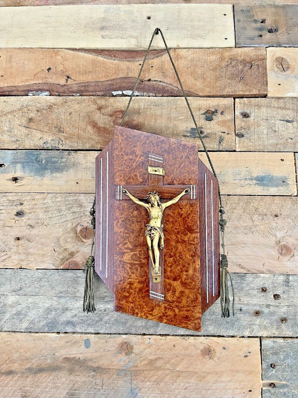 photo vinterior French Art Deco Gilt Brass Burr Walnut Wall Hanging Crucifix Church Cross Jesus