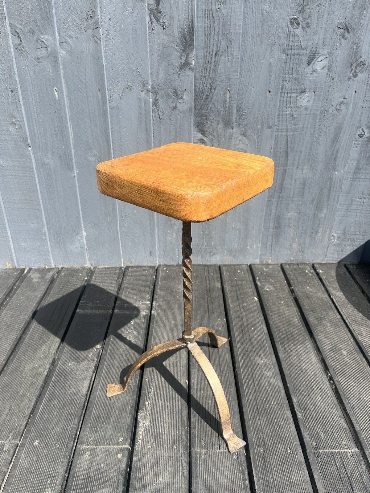 Old Rustic Oak Wrought Iron Stool Country Farmhouse Antique Vintage Plant Stand