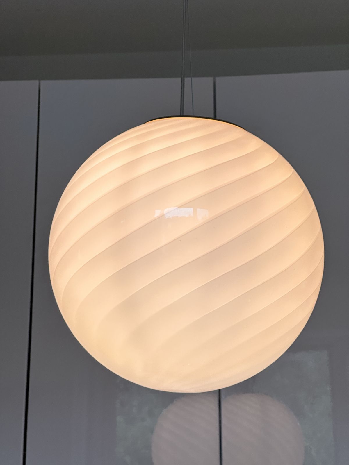 Contemporary Pink Swirl And Milky White Sphere Pendant In Murano Glass photo for sale