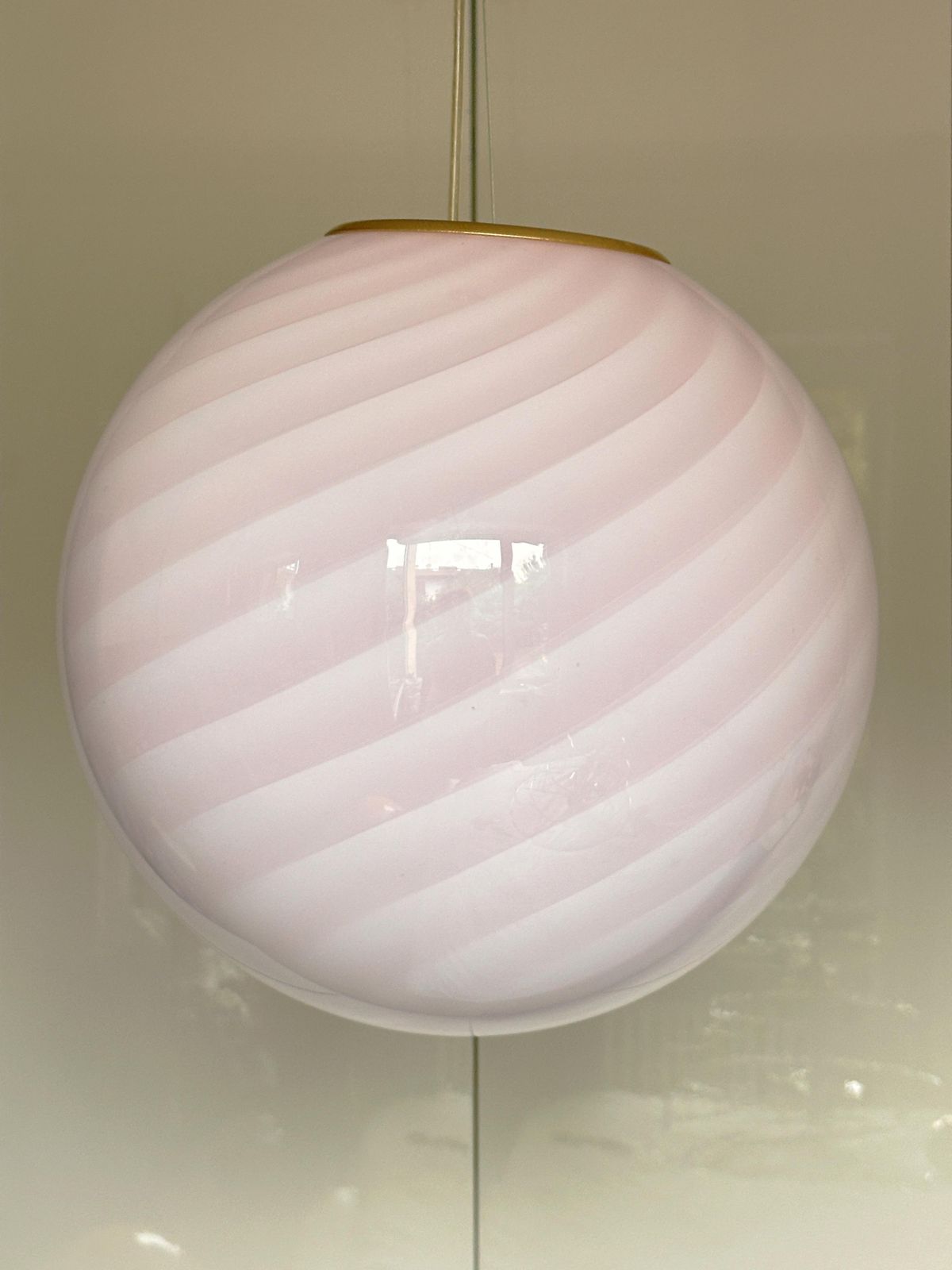 Contemporary Pink Swirl And Milky White Sphere Pendant In Murano Glass photo vinterior