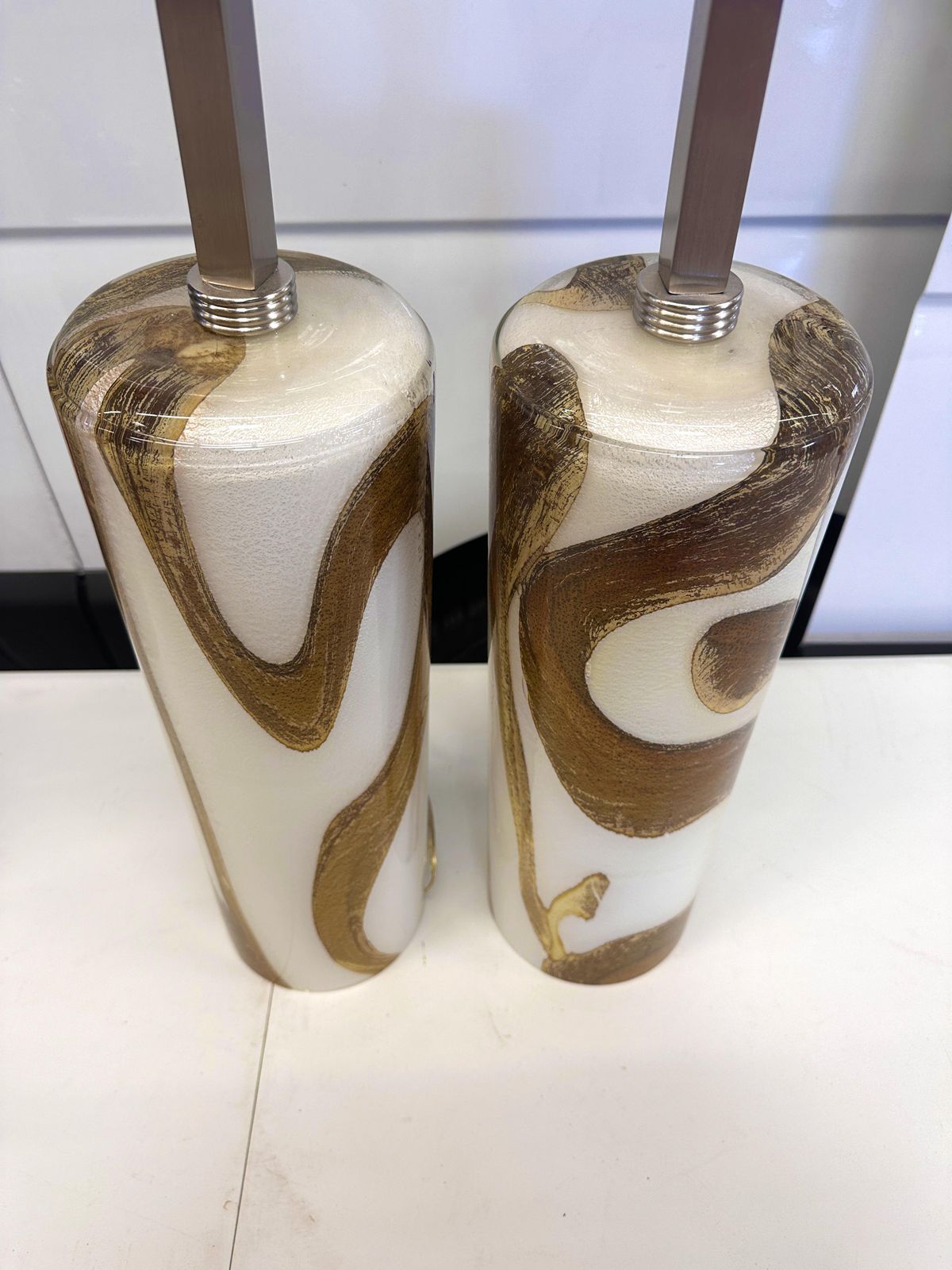 Set Of Two Milky White, Gold And Amber Murano Glass Table Lamps photo for sale