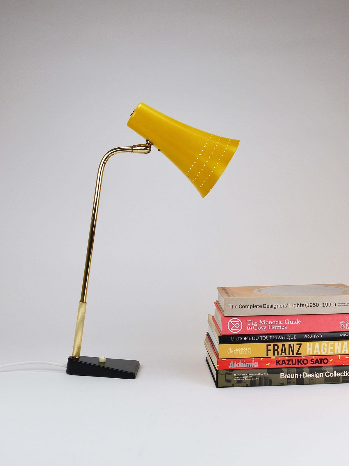 J.T. Kalmar Yellow Table Desk Side Lamp, Brass & Iron, Vienna, Austria, 1950s photo for sale