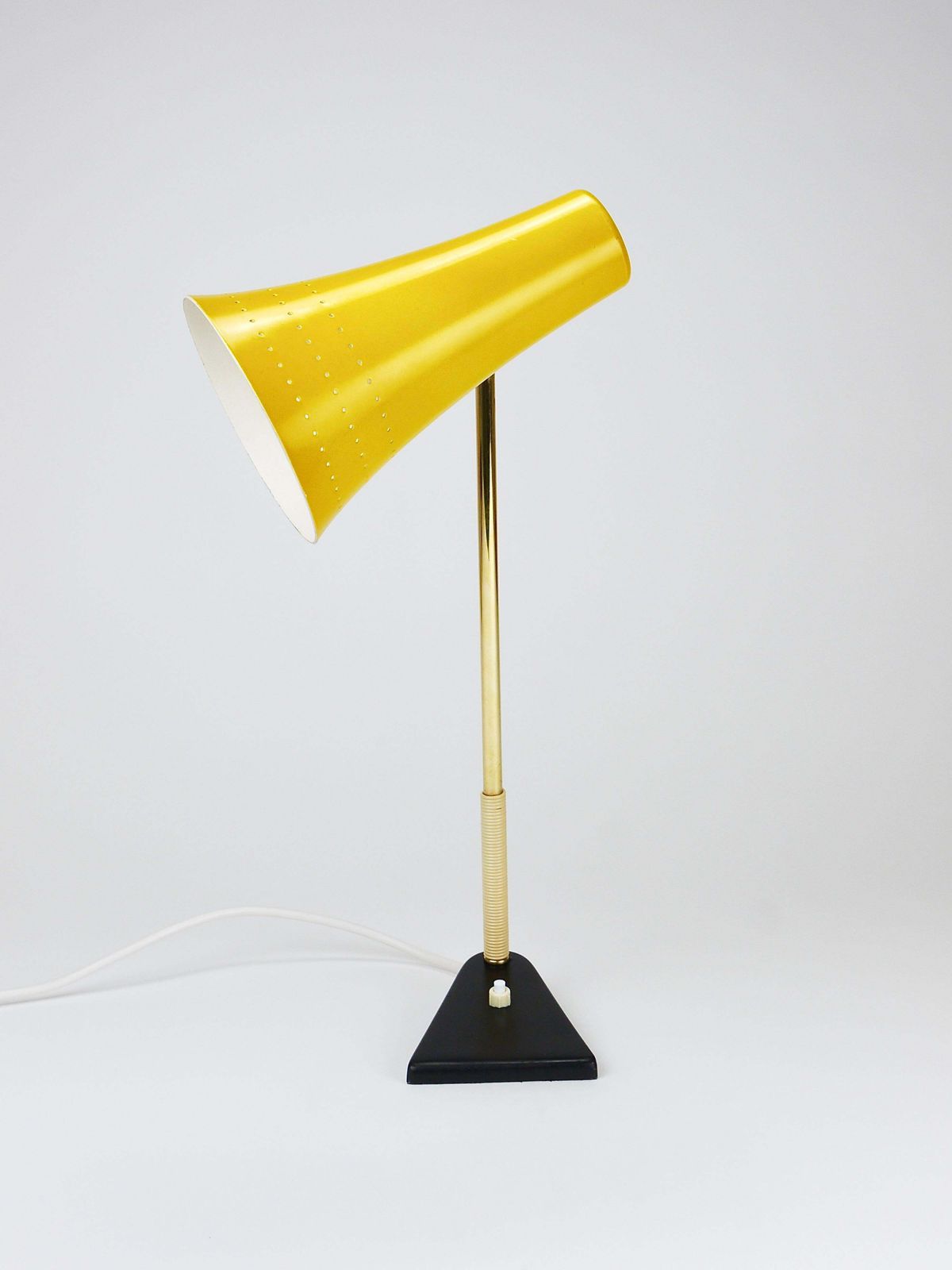 photo furniture J.T. Kalmar Yellow Table Desk Side Lamp, Brass & Iron, Vienna, Austria, 1950s
