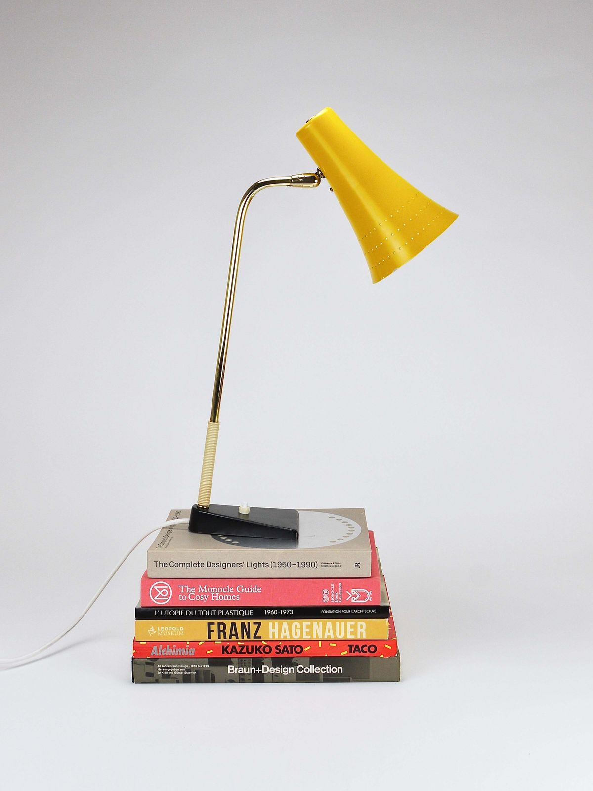 photo vinterior J.T. Kalmar Yellow Table Desk Side Lamp, Brass & Iron, Vienna, Austria, 1950s