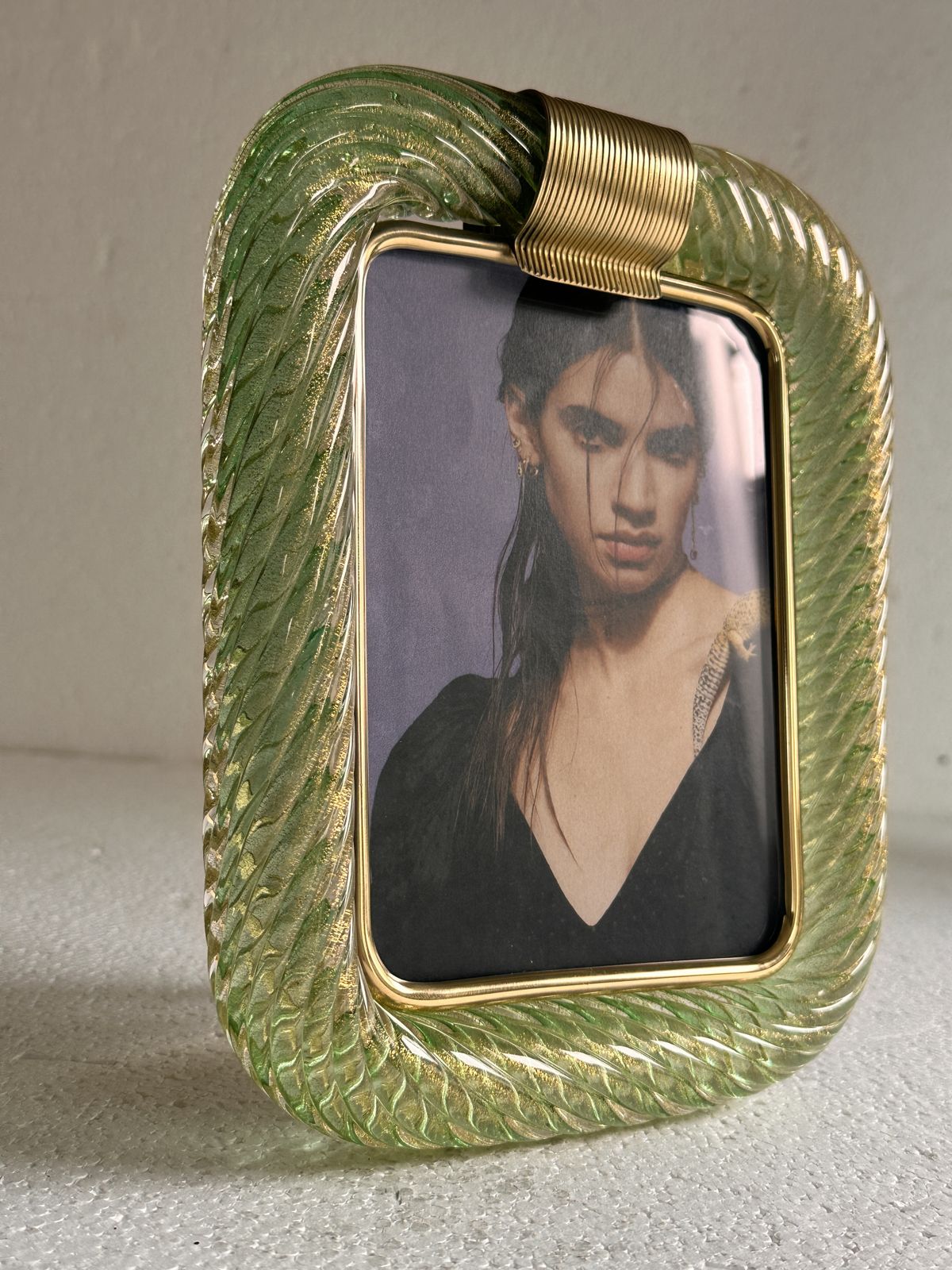 Mid Century Modern Style Green "Torchon" Murano Small Glass Picture Frame And Brass In Barovier Style photo vinterior