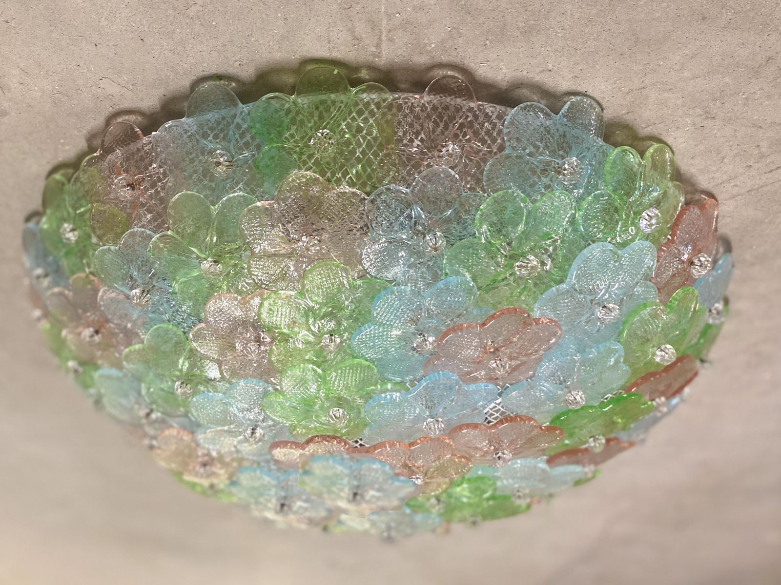 Venetian Green, Pink, And Light Blue Flowers Murano Glass Flush Mount photo vintage