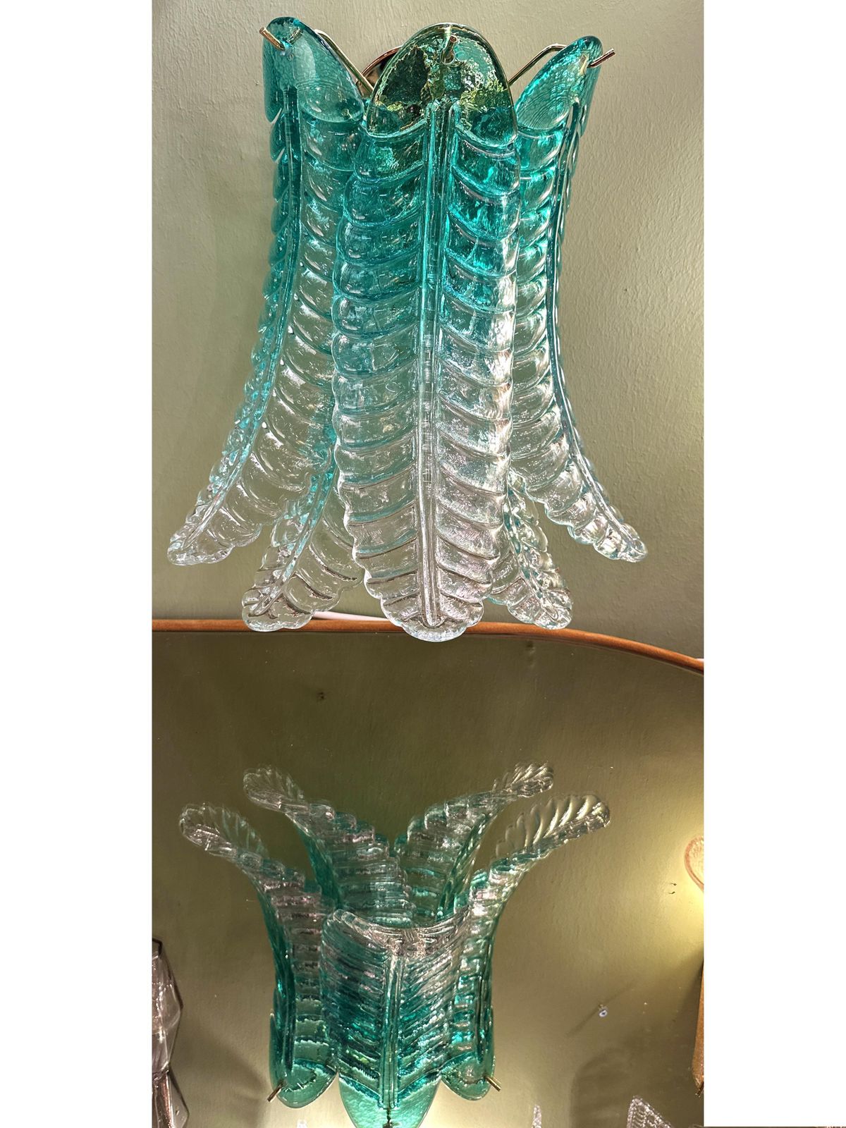 Contemporary Scenographic Set Of Two Greeen "Felci" Murano Glass Wall Sconces photo Lighting