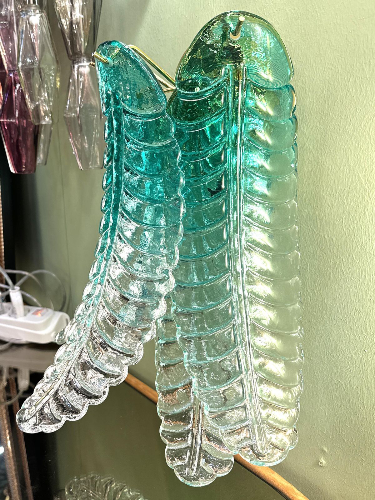 Contemporary Scenographic Set Of Two Greeen "Felci" Murano Glass Wall Sconces photo 6286.0