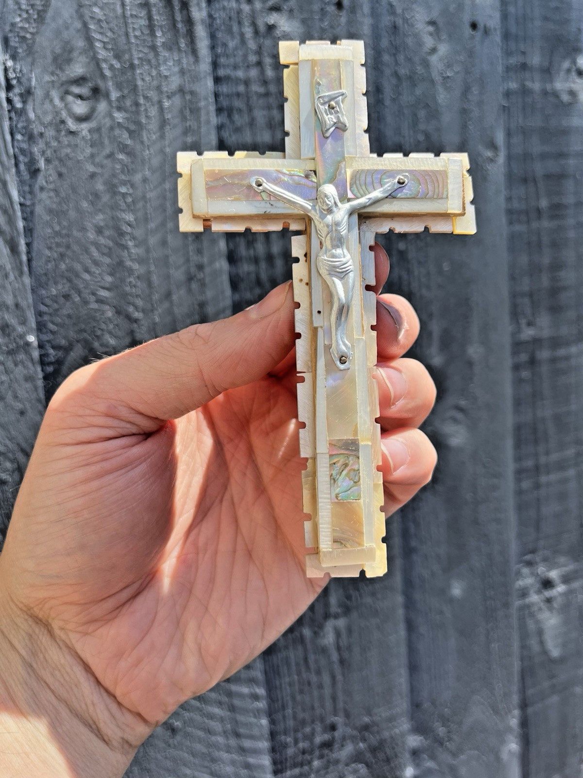 Antique Mother Of Pearl Abalone Olive Wood Wall Hanging Crucifix Cross Jesus Sta