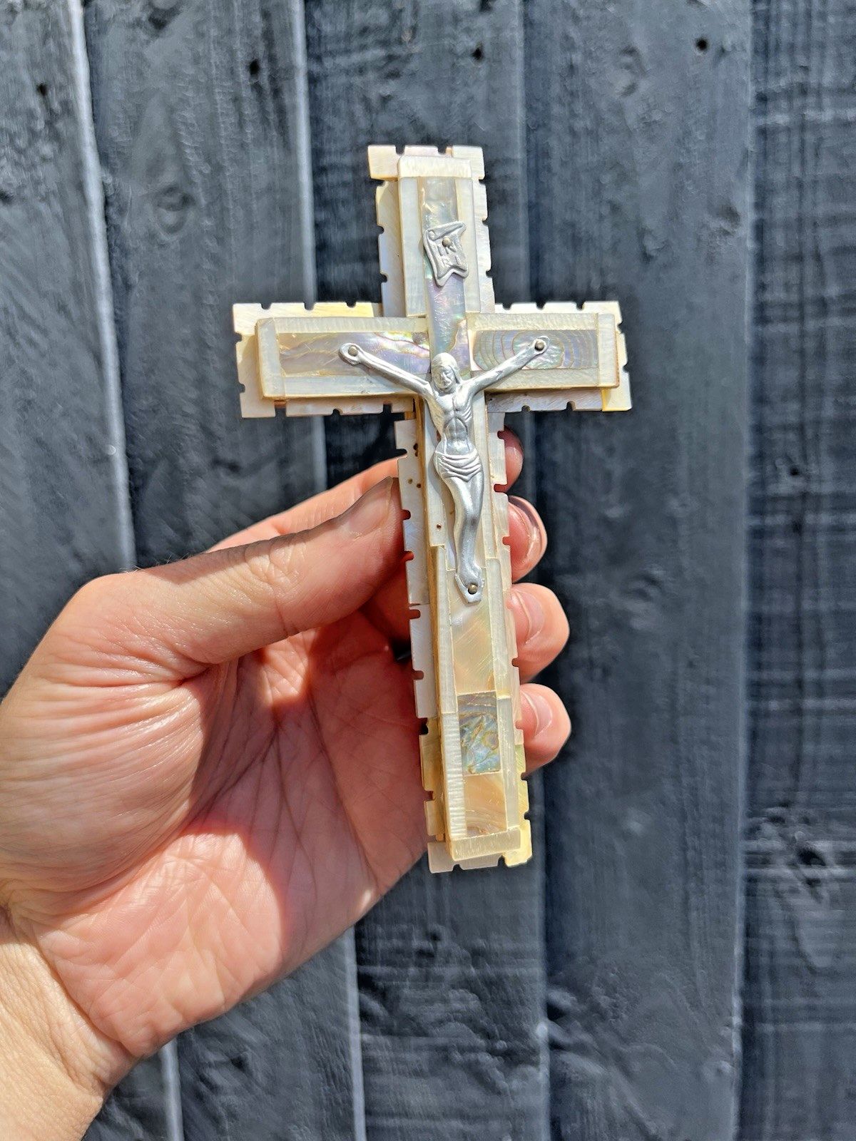 Antique Mother Of Pearl Abalone Olive Wood Wall Hanging Crucifix Cross Jesus Sta photo furniture