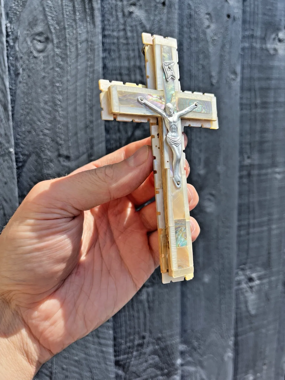 Antique Mother Of Pearl Abalone Olive Wood Wall Hanging Crucifix Cross Jesus Sta photo for sale
