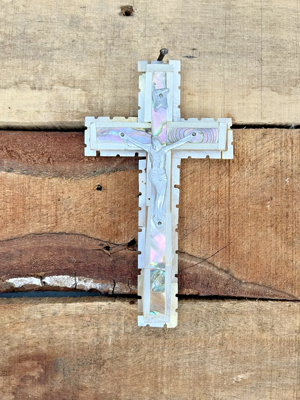 Antique Mother Of Pearl Abalone Olive Wood Wall Hanging Crucifix Cross Jesus Sta photo buy