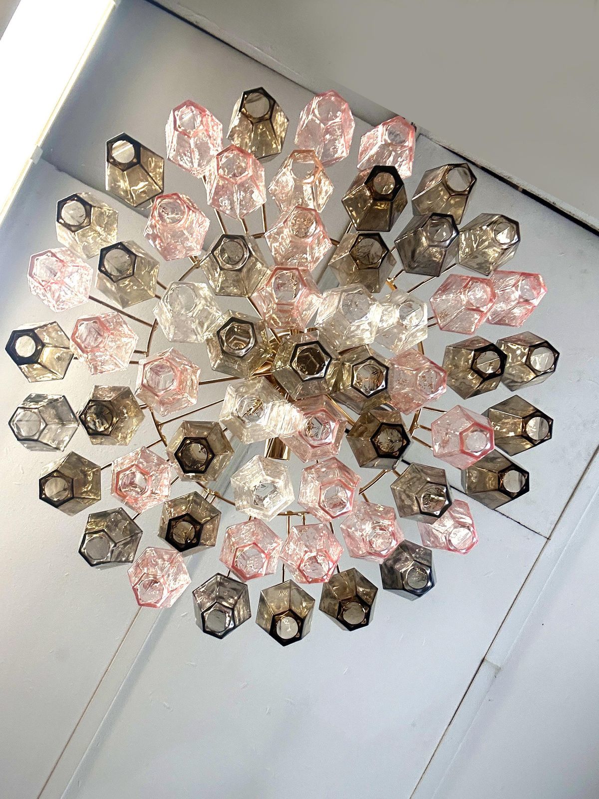 Contemporary Chandelier With Pink And Fume’ “Poliedri” Murano Glass In Venini Style photo furniture