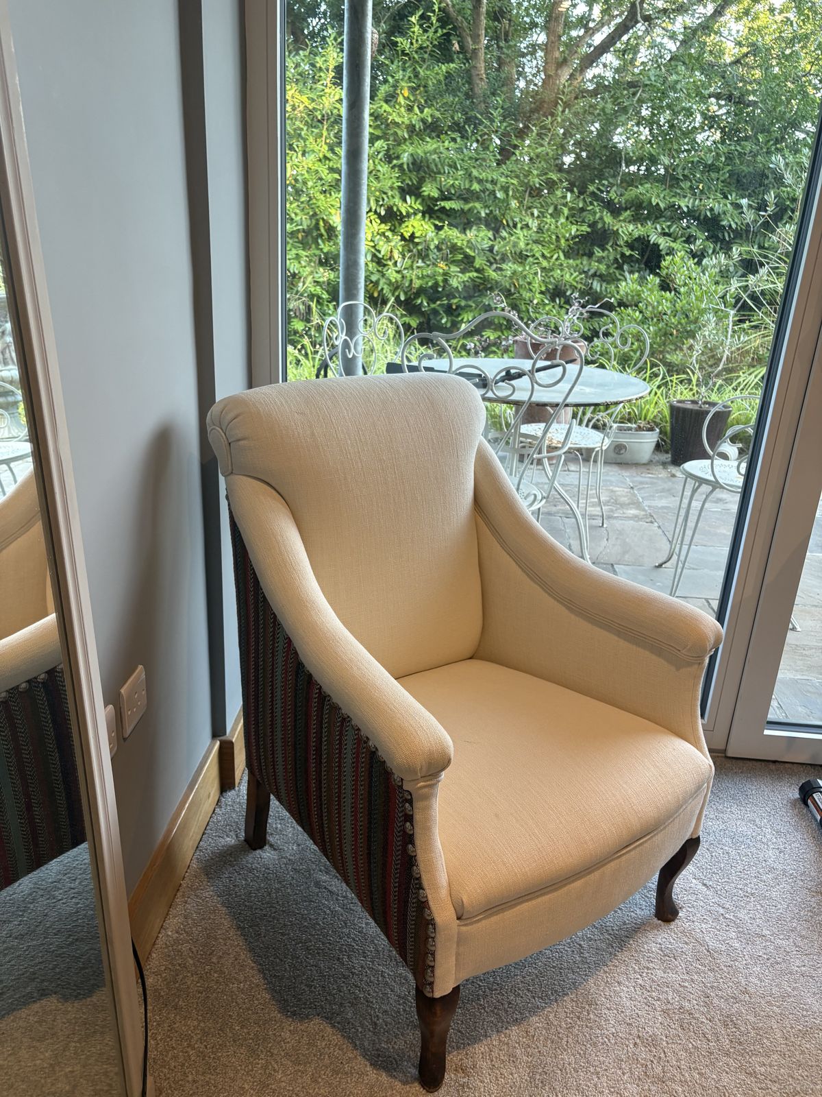Pair Of Cream Easy Chairs With Striped Upholstery & Stud Detailing photo Furniture