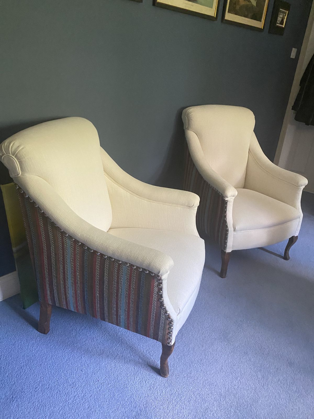 Pair Of Cream Easy Chairs With Striped Upholstery & Stud Detailing photo vinterior
