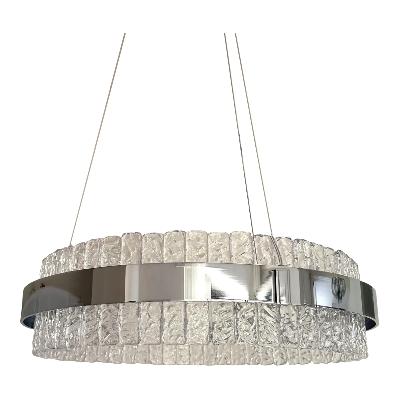 Murano Glass "Ice" Chandelier Hammered Clear Glass In Polish Kromo Ring With Strip Led