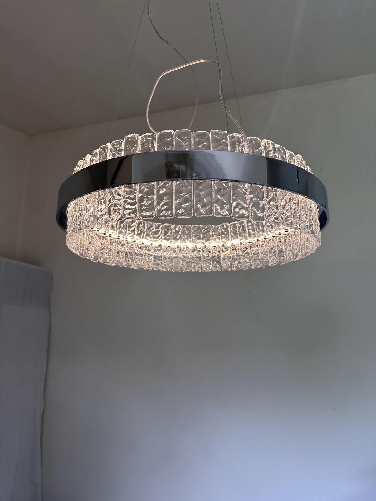 Murano Glass "Ice" Chandelier Hammered Clear Glass In Polish Kromo Ring With Strip Led photo Lighting