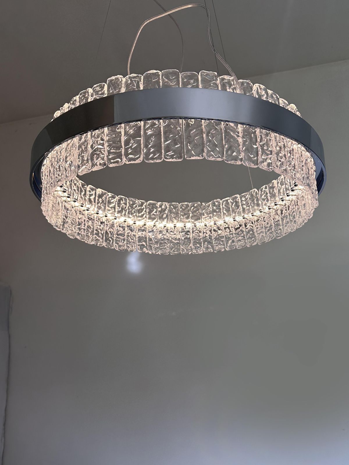 Murano Glass "Ice" Chandelier Hammered Clear Glass In Polish Kromo Ring With Strip Led photo vinterior