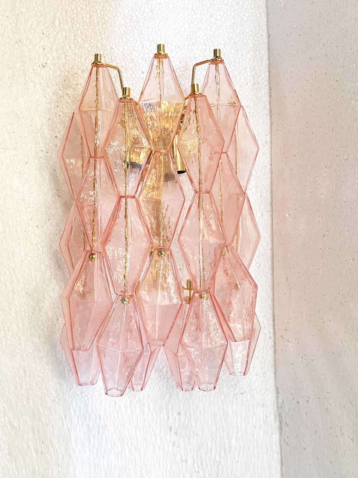 Set Of Two Contemporary Pink “Poliedri” Murano Glass Gold 24k Wall Sconces photo furniture